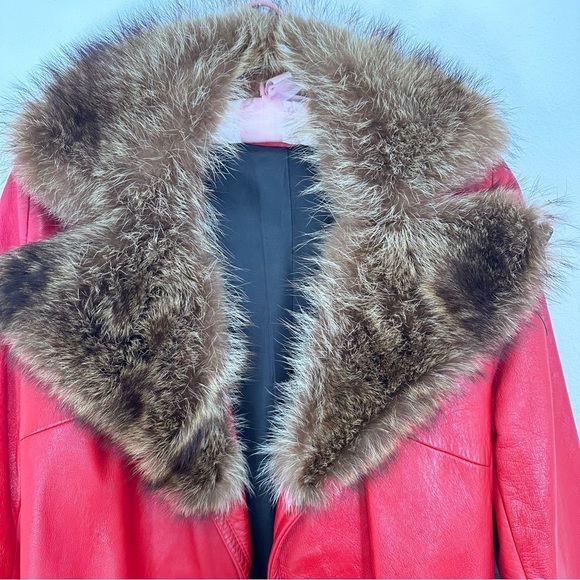 Vintage Red Leather Fur Trimmed Belted Penny Lane Winter Coat 70s Retro Eclectic - Picture 9 of 9